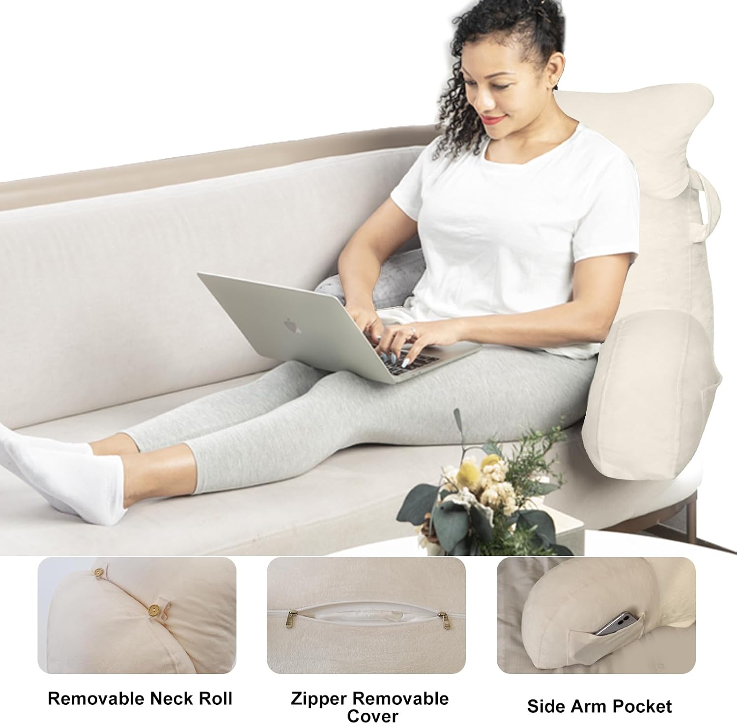 SLIGUY Reading Pillow for Sitting in Bed Couch Adult, Back Pillow with arm Support and Pockets, Adult Back Pillow Bed Chair for Bed Rest…