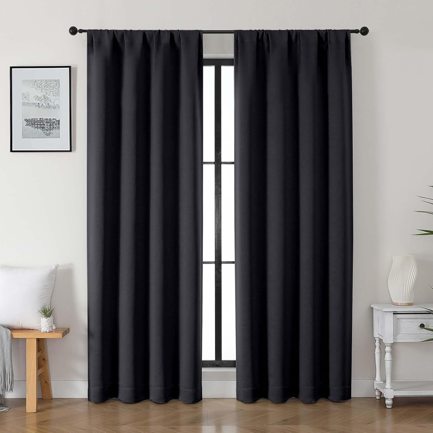 Gwine Black Blackout Curtains for Bedroom 84 inches Long 2 Panels, Solid Thermal Insulated Noise Reducing Light Blocking Window Curtains…