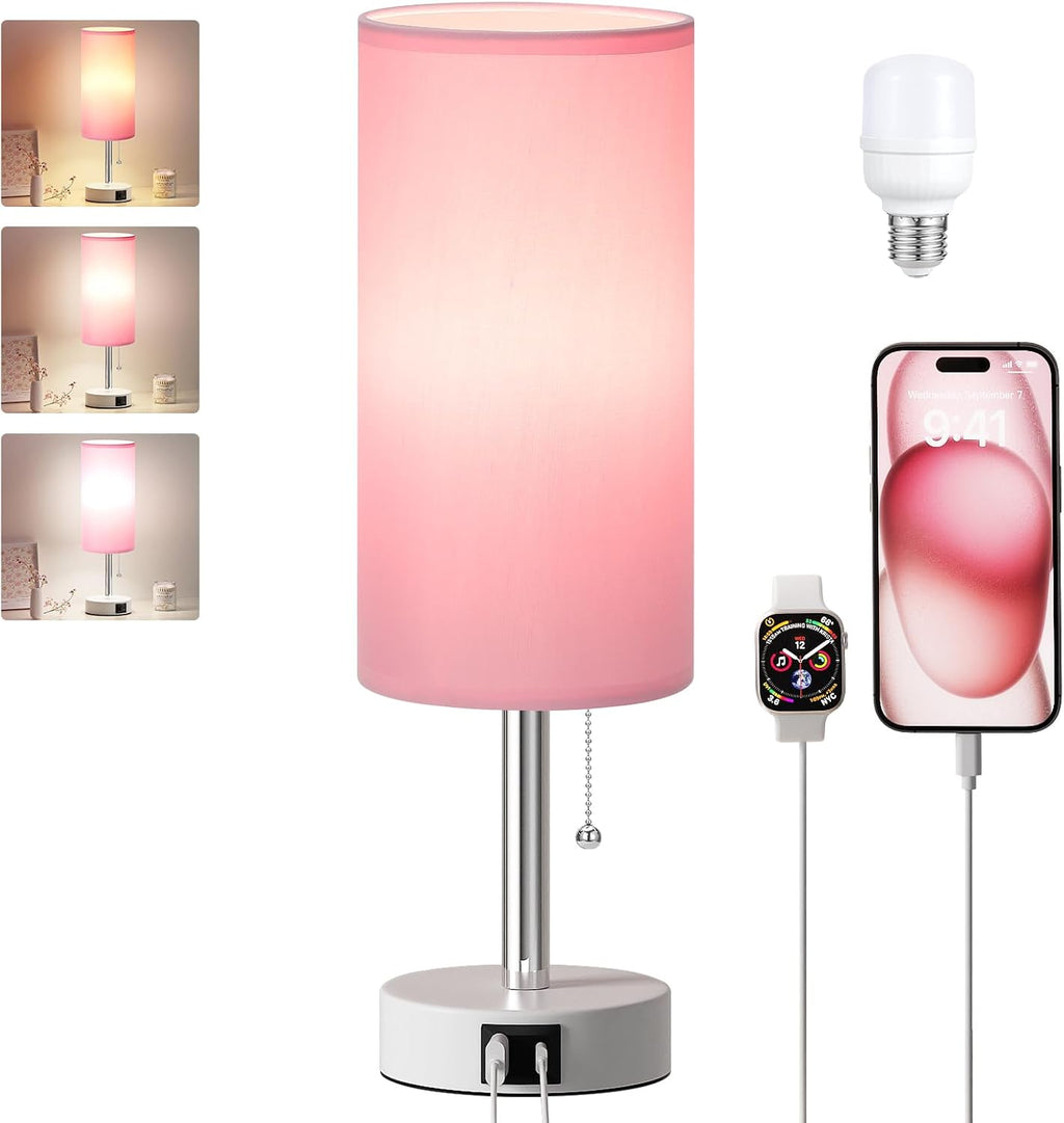 Dicoool Pink Bedside Table Lamp for Bedroom, Small Nightstand Lamp for Girls Kids, 3 Color Temperatures & USB Charging Port, Cute Desk…
