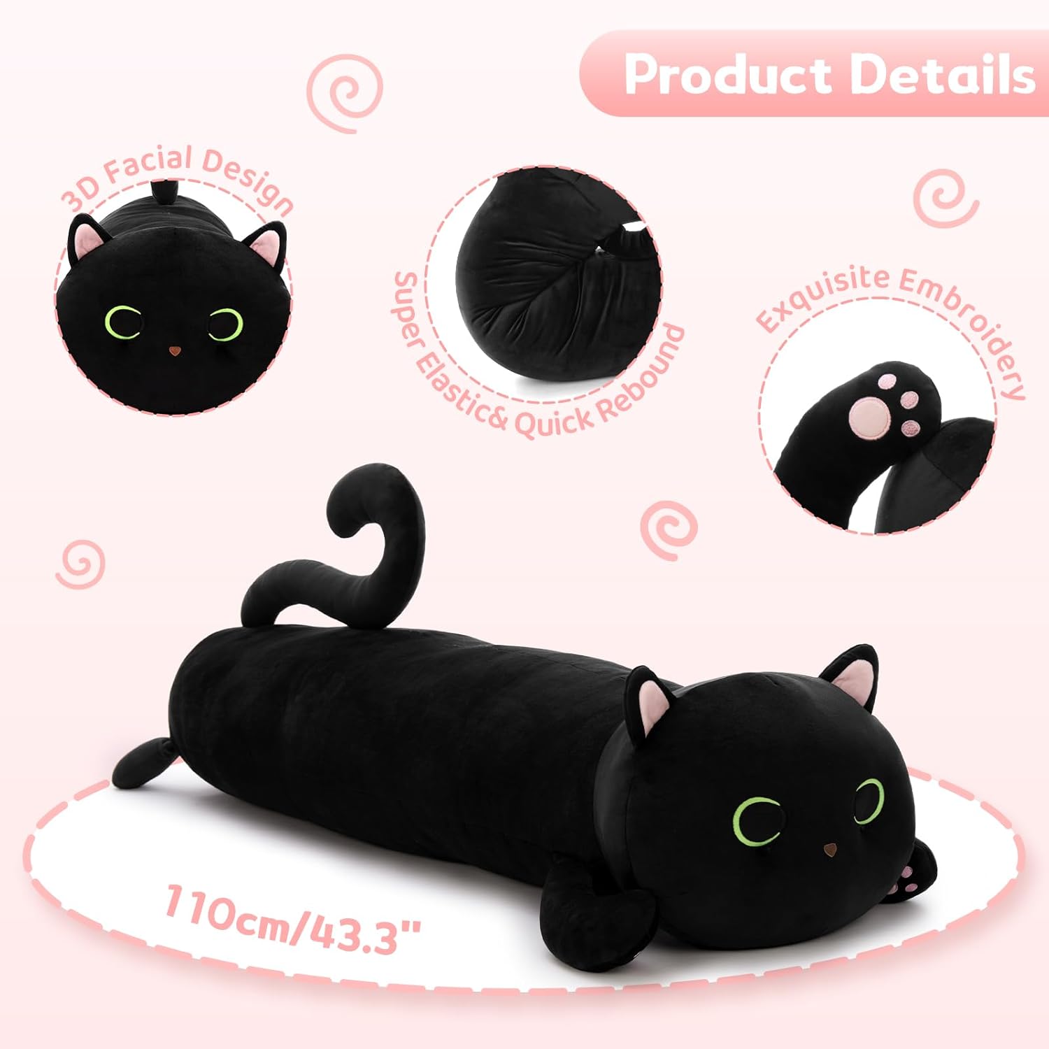 MaoGoLan Black Cat Plush Body Pillow, 44'' Giant Glow in The Dark Cat Stuffed Animal Toy for Girl Boy Kid, Big Cute Kitten Plush Throw…