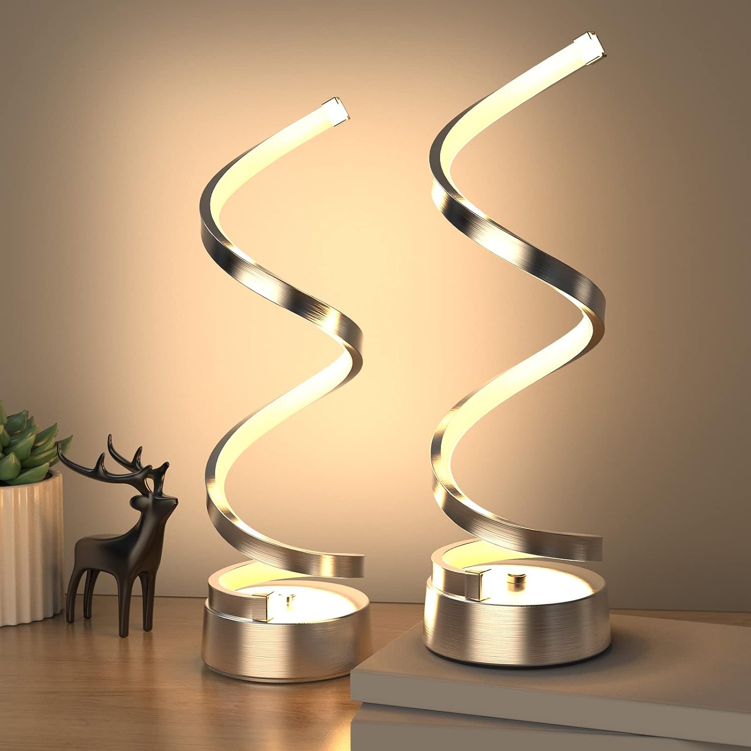 NUÜR Table Lamps for Living Room Set of 2, Silver Dimmable LED Lamp, Small Bedside Lamps, Nightstand Lamp for Bedroom Office Home Living…