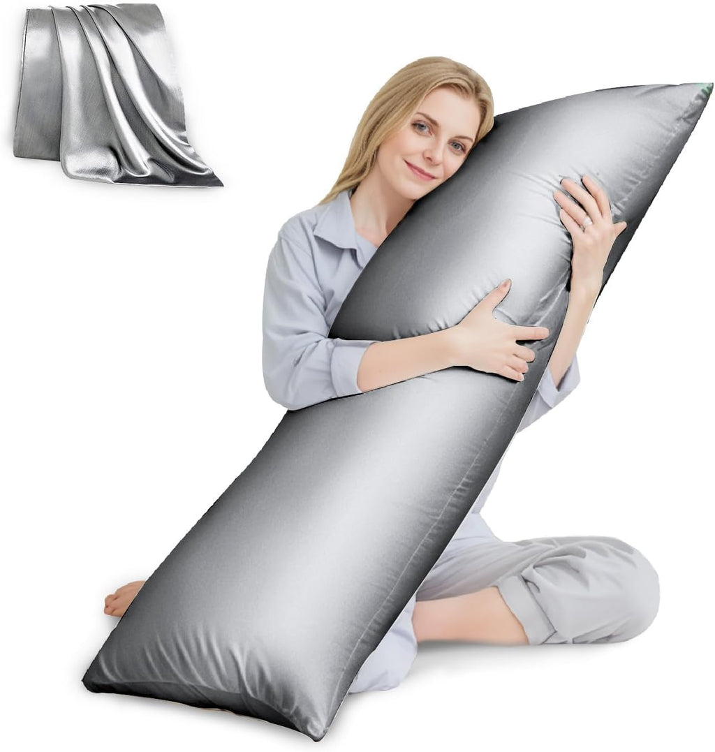 Huxmeyson Body Pillow with Satin Pillowcase, Body Pillow for Adults, Removable Cover, Silver Grey (20"x54") Silver