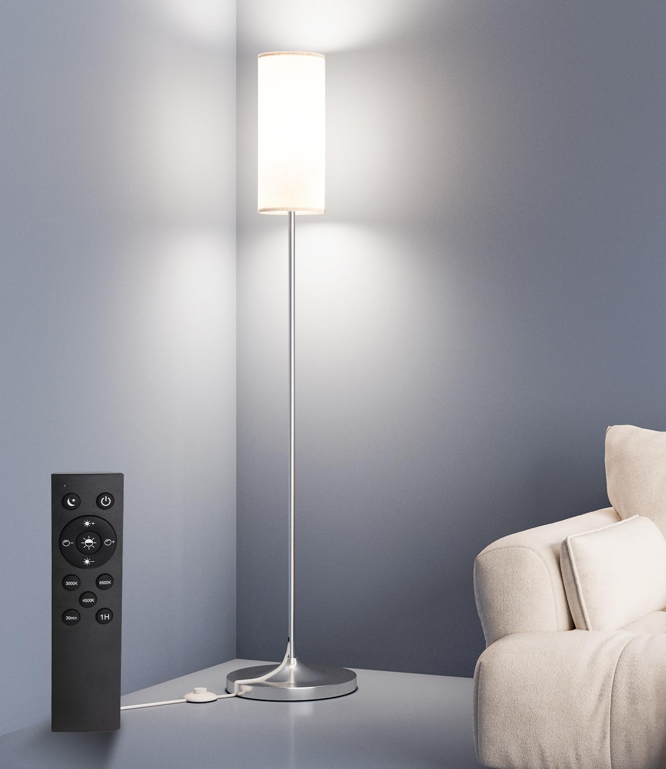 luckystyle LED Floor Lamp for Living Room, Dimmable Standing Lamps with Foot Switch, Remote Custom Color Temperature Silver Pole Lamp with…
