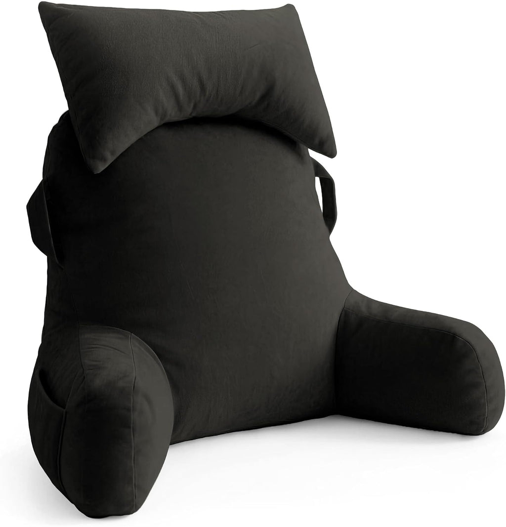 Unisakey Portable Reading Pillows with Headrest for Bed Sitting Up(Grey Oeko-Tex), Velvet Back Pillow with Arms & Pockets for Adults…