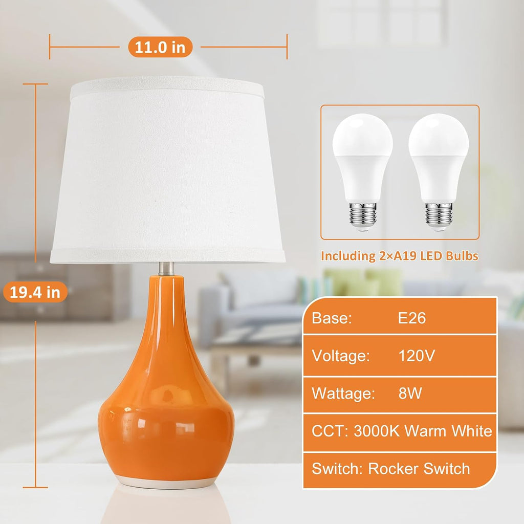 Seealle Modern Ceramic Table Lamps for Night Stands - Bedside Lamps Set of 2 for Nightstand, Orange Bedroom Lamp for Living Room Cute Desk…