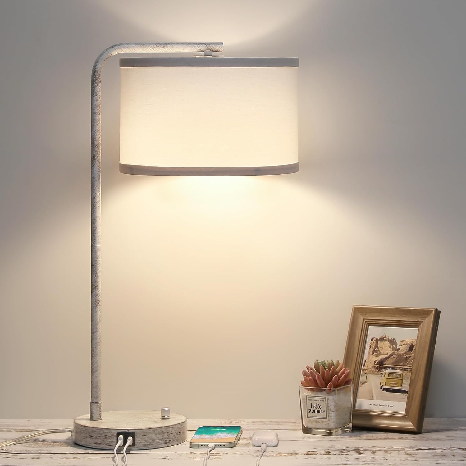 Seaside village Bedside Table Lamp with USB C+A Charging Ports, Fully Stepless Dimmable Modern Farmhouse Nightstand Lamp, Tall Reading…