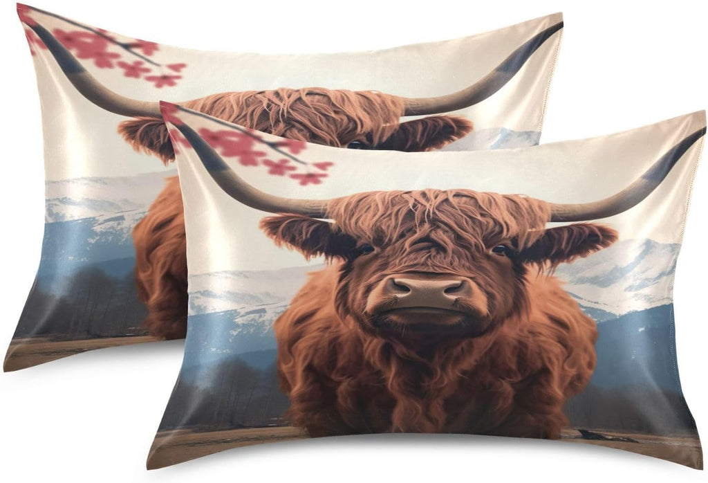 YETTASBIN Highland Cow Satin Pillowcase, Soft Breathable Silk Pillow Case with Envelope Closure for Hair and Skin, Standard Size 26 x 20…