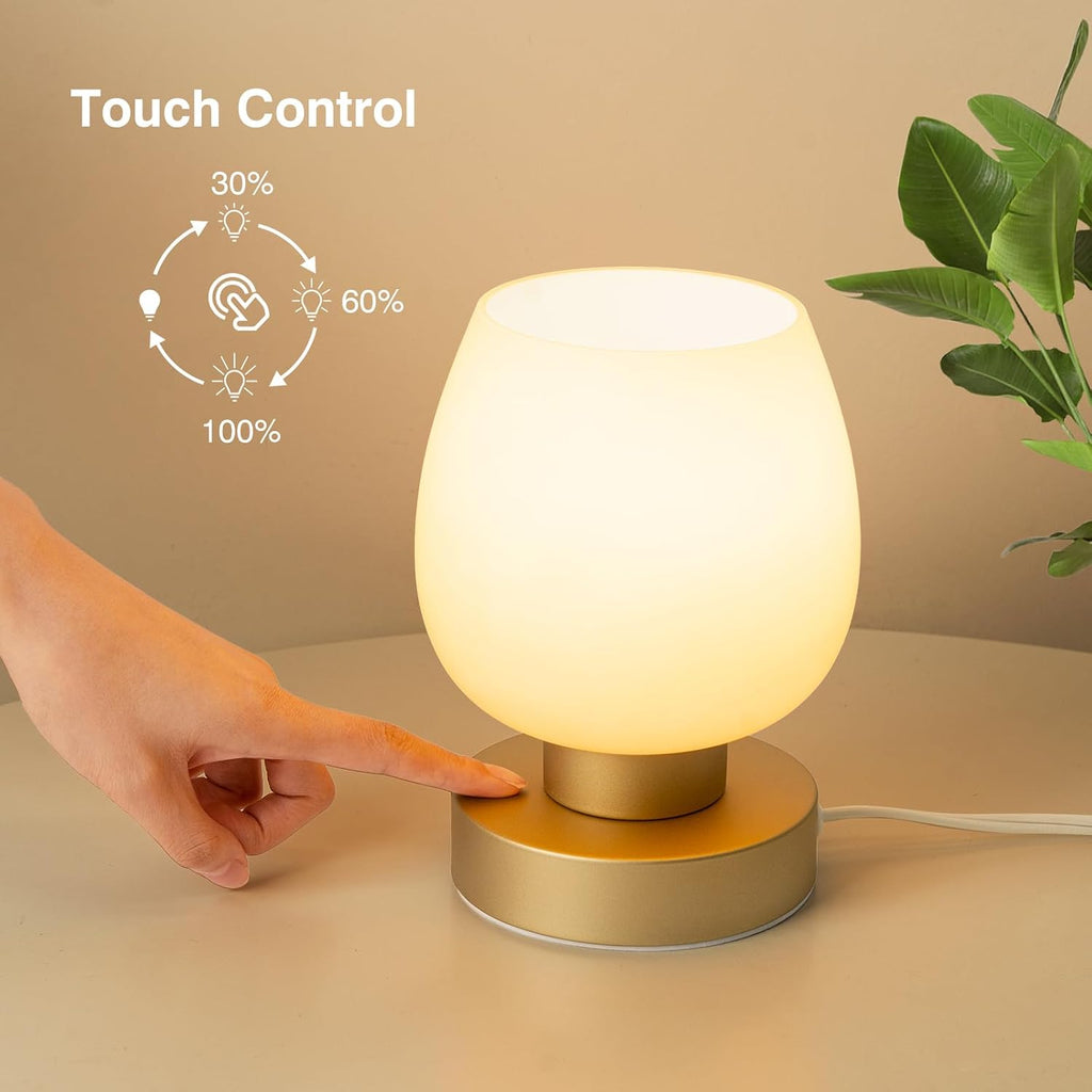Touch Bedside Table Lamp - Desert Titanium Color Glass Lamp Shade, Warm LED Bulb, 3 Way Dimmable, Simple Design