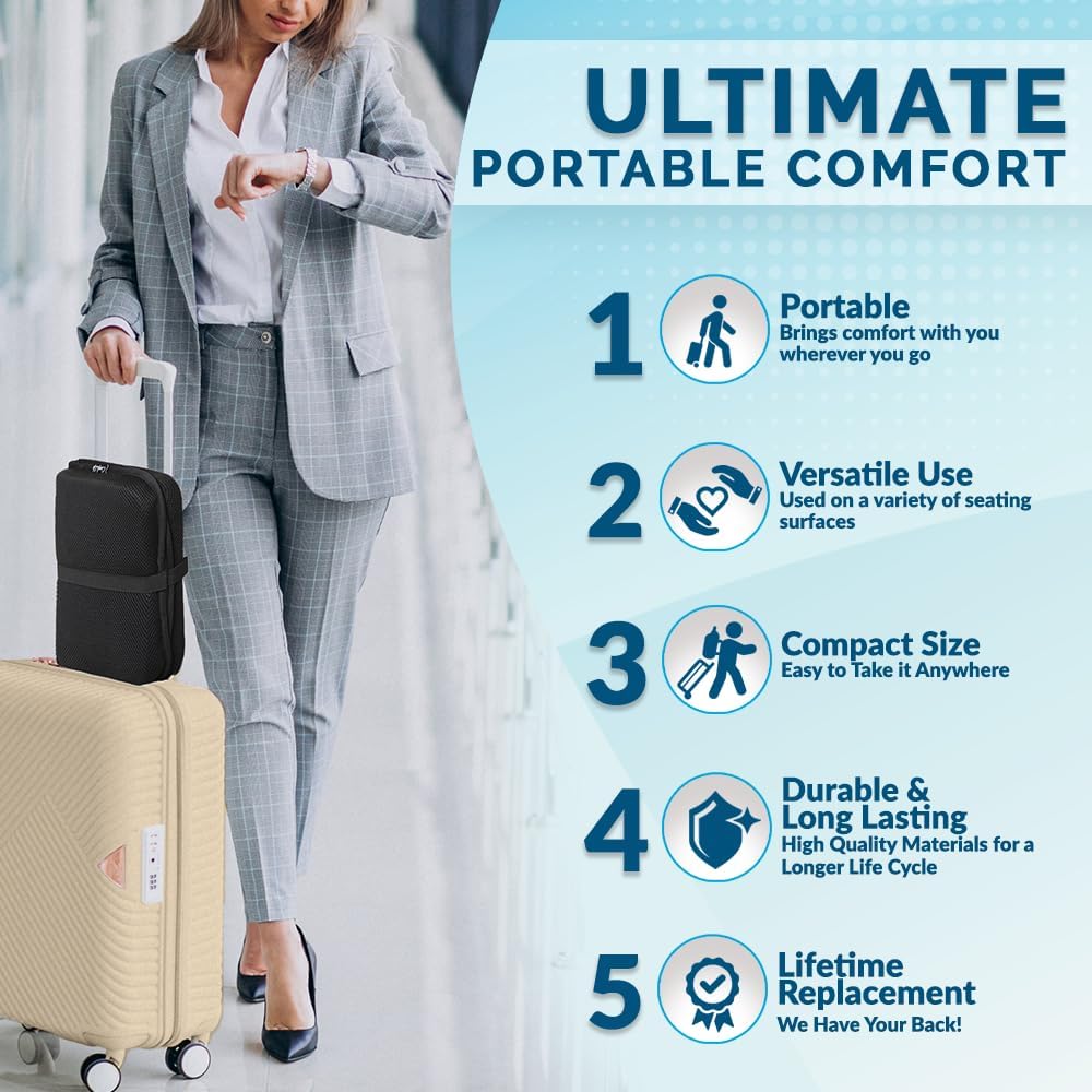 ComfiLife Ergo-Gel Airplane Seat Cushion – Travel Seat Cushion – Compact, Foldable, Portable Comfort Black
