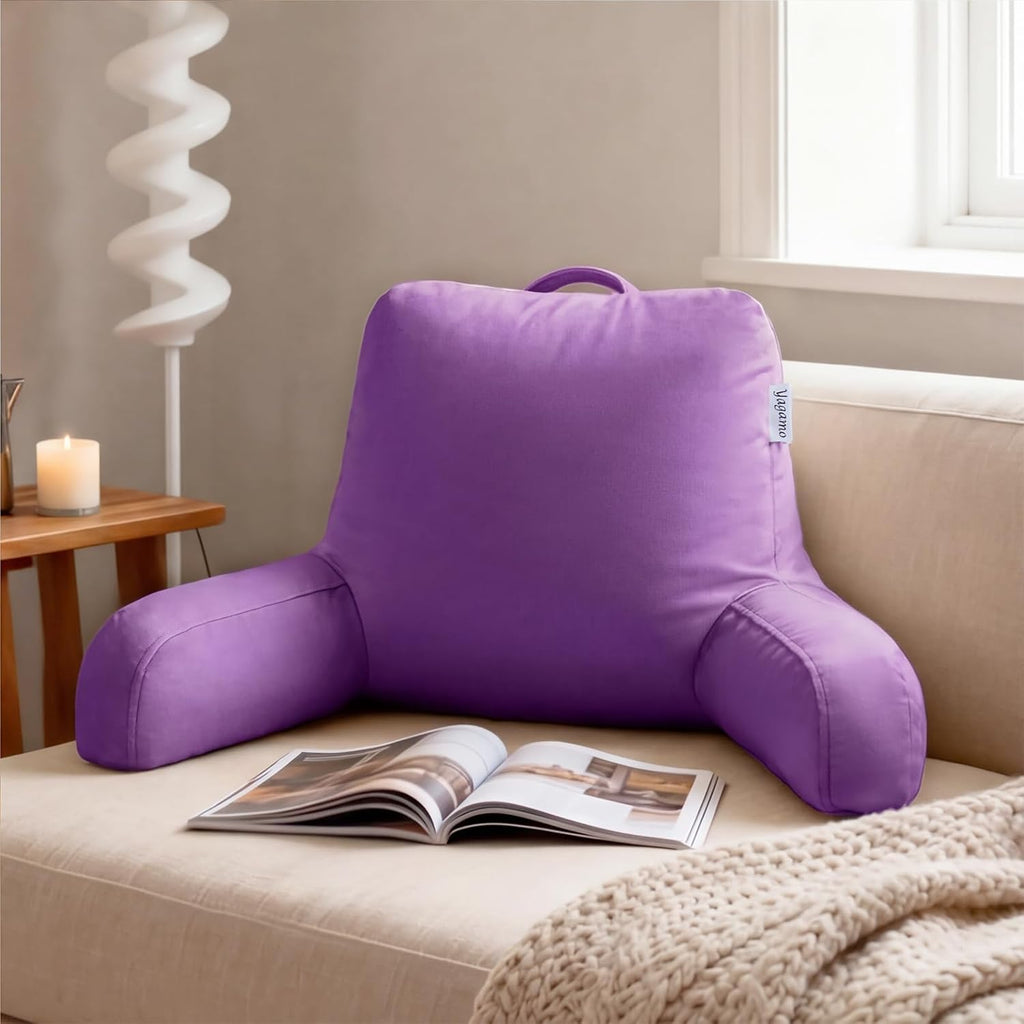 Reading Pillow with Adjustable Memory Foam, Adult Backrest with Arms, Back Pillow for Sitting in Bed with Washable Cover- Large, Purpule