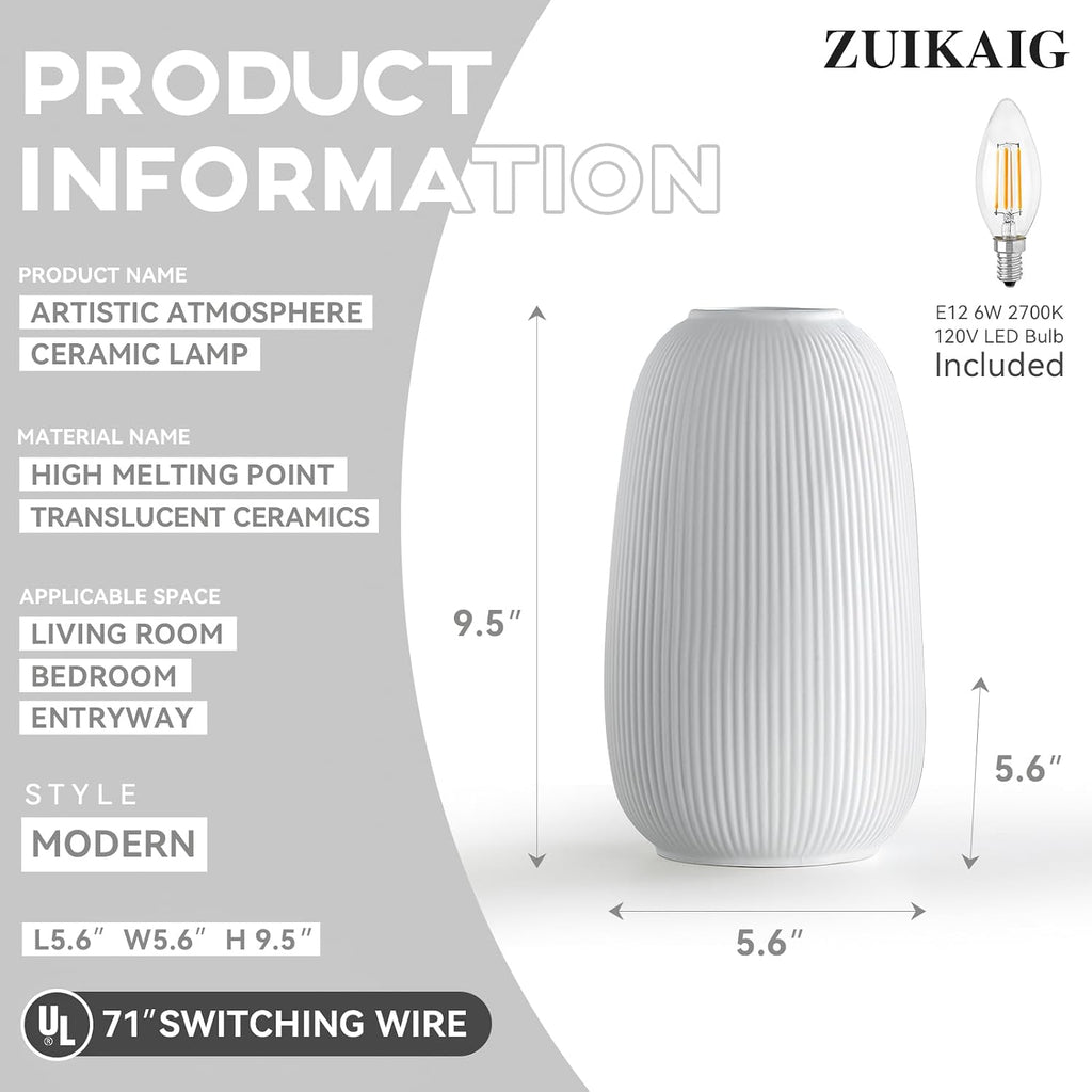 ZUIKAIG 9.5" Modern Ceramic Table Lamp, White Bedside Table lamp, Night Lamp, Decorative Lamp, Ambient Lighting, Artistic lamp, Suitable…