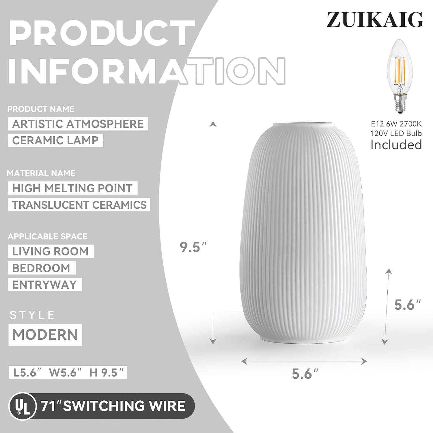 ZUIKAIG 9.5" Modern Ceramic Table Lamp, White Bedside Table lamp, Night Lamp, Decorative Lamp, Ambient Lighting, Artistic lamp, Suitable…