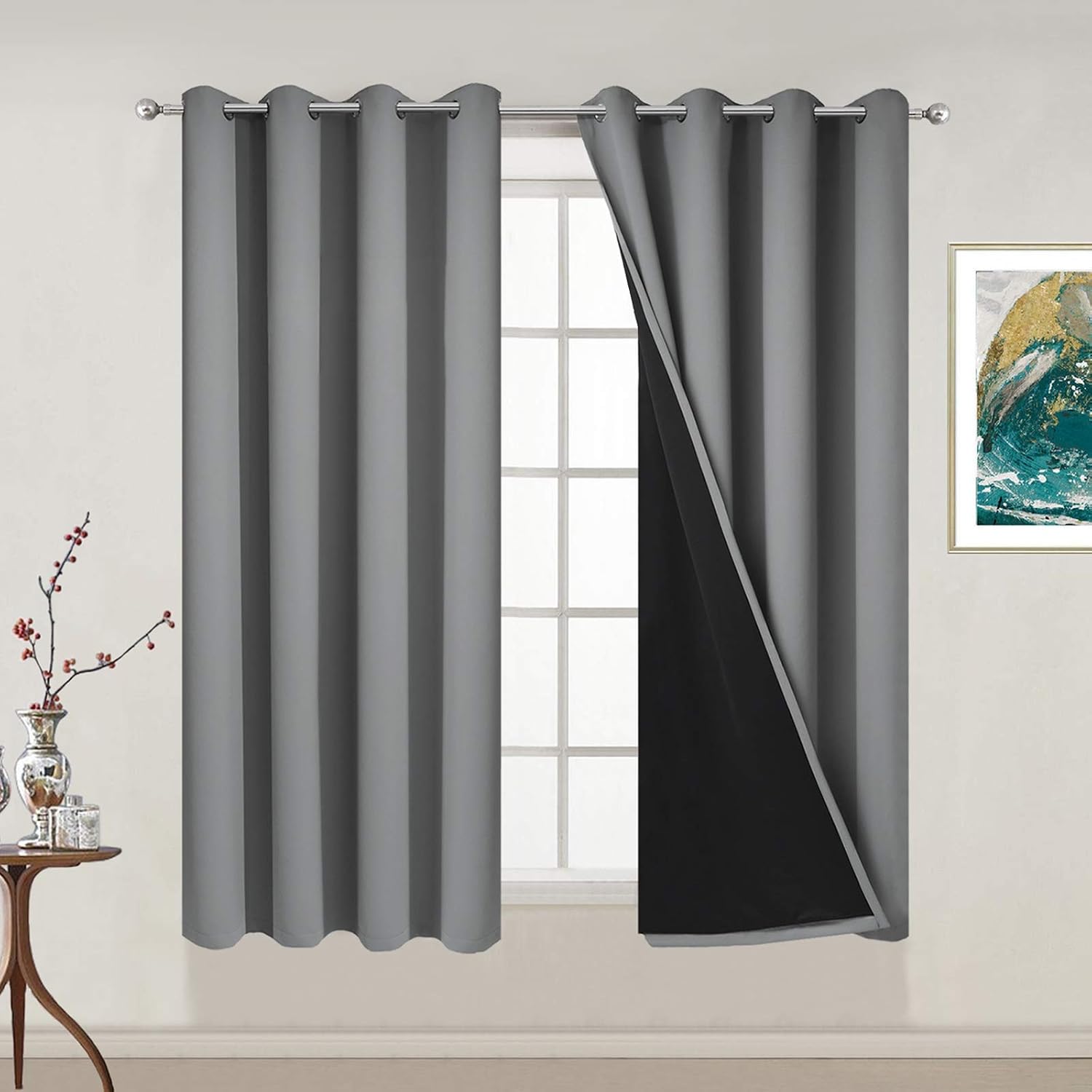 Yakamok Thermal Insulated 100% Blackout Curtains for Bedroom, Heat and Full Light Blocking Drapes with Black Liner for Living Room, 54 inch…