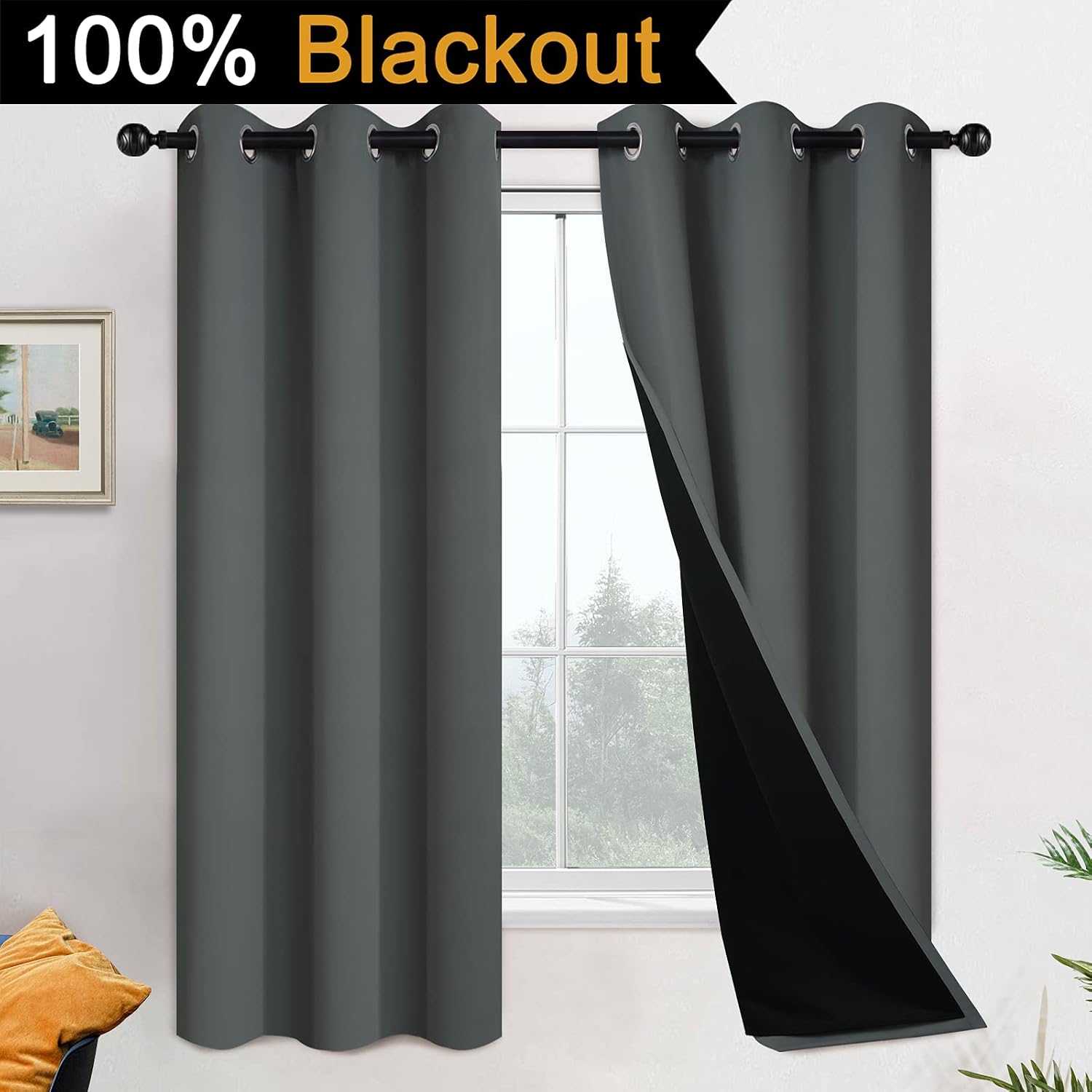 Yakamok 63 Inch Length 100% Blackout Curtains for Bedroom, 2 Thick Layers Thermal Insulated Grommet Total Blackout Drapes with Black Liner…