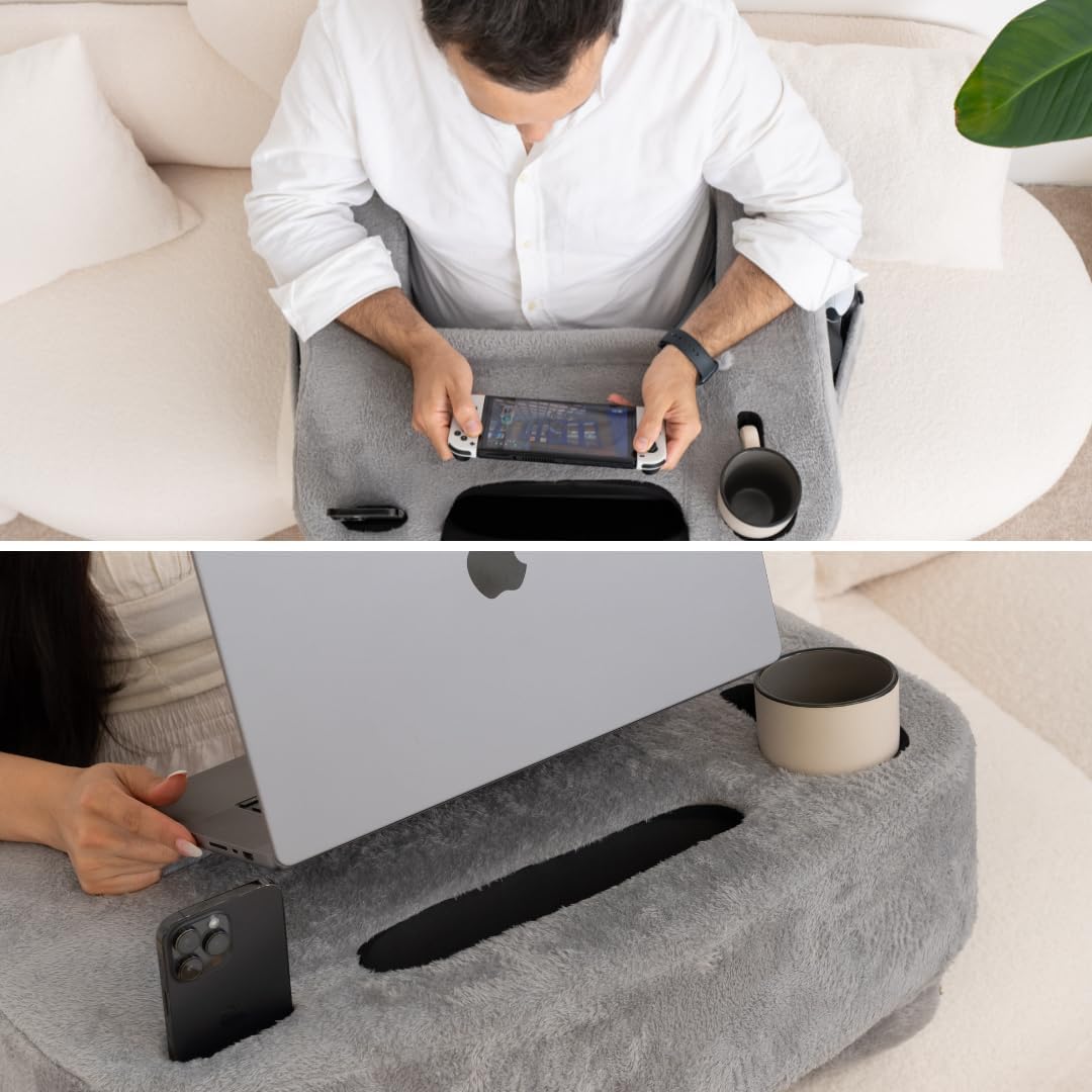 Reading Pillow for Gaming – Extra Large Lap Desk & Arm Rest with Cup & Phone Holder, Adjustable Heights, Laptop Support, Large Pockets –…
