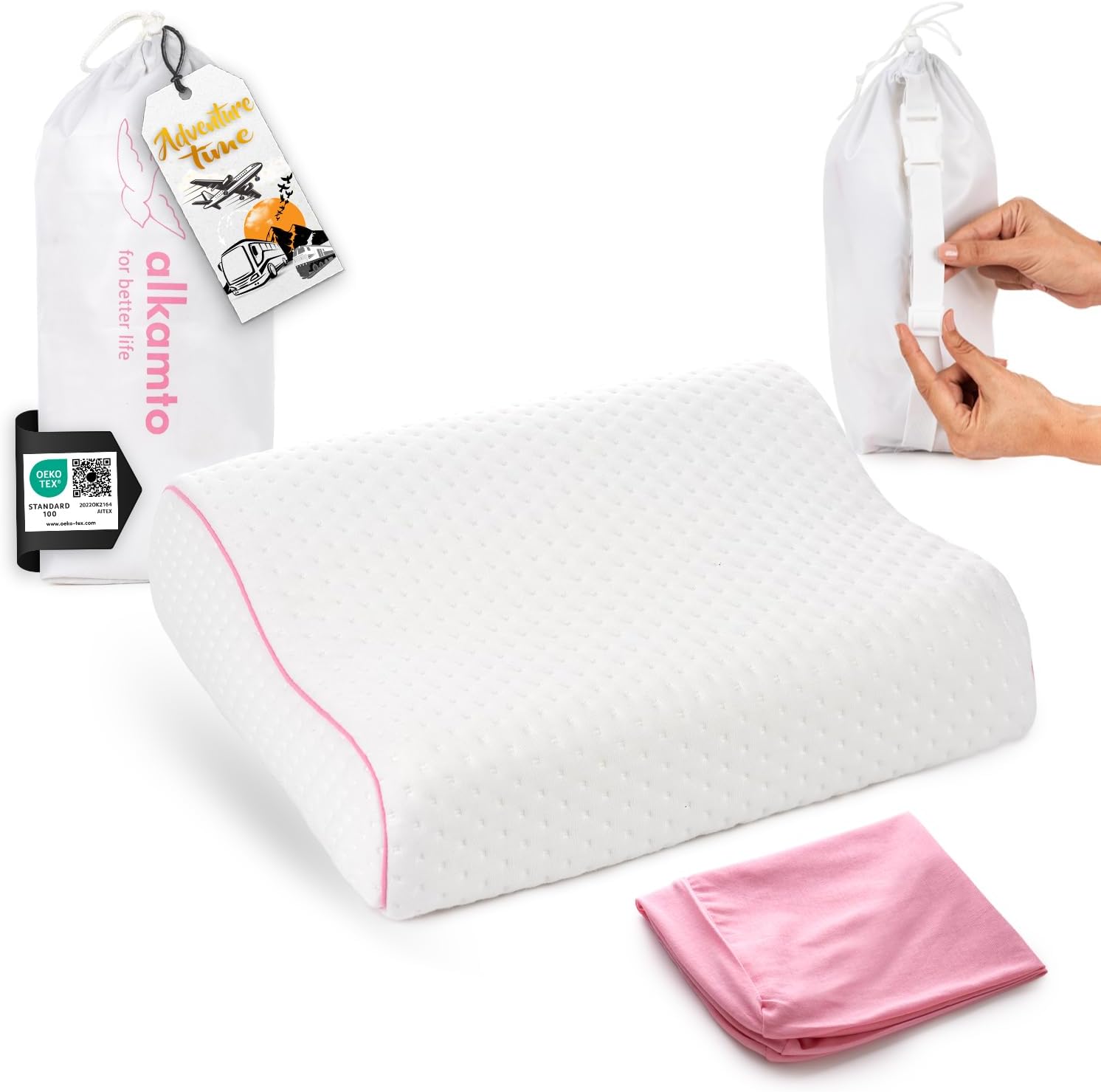alkamto Travel & Camping Comfortable Memory Foam Pillow – Easy to Carry Portable Bag – Temperature Regulating Pillow Case (Pink Contour +…