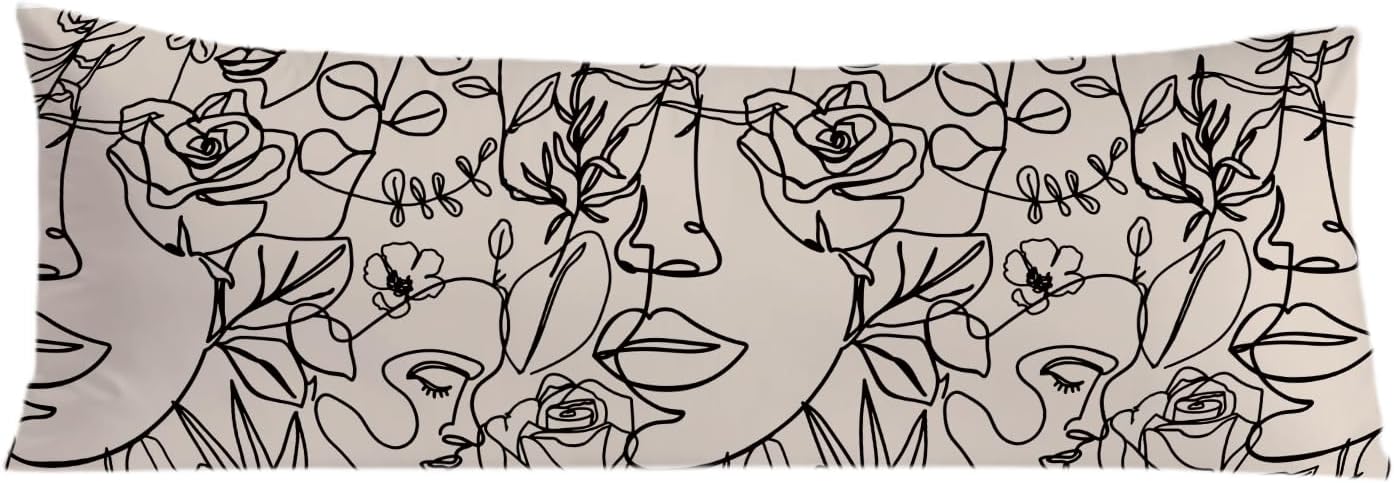 Modern Abstract Women Faces 20x54 Body Pillow Cover, Modern Boho Room Decor, Minimalist Boho Botanical Flower Aesthetic Decorative Long…