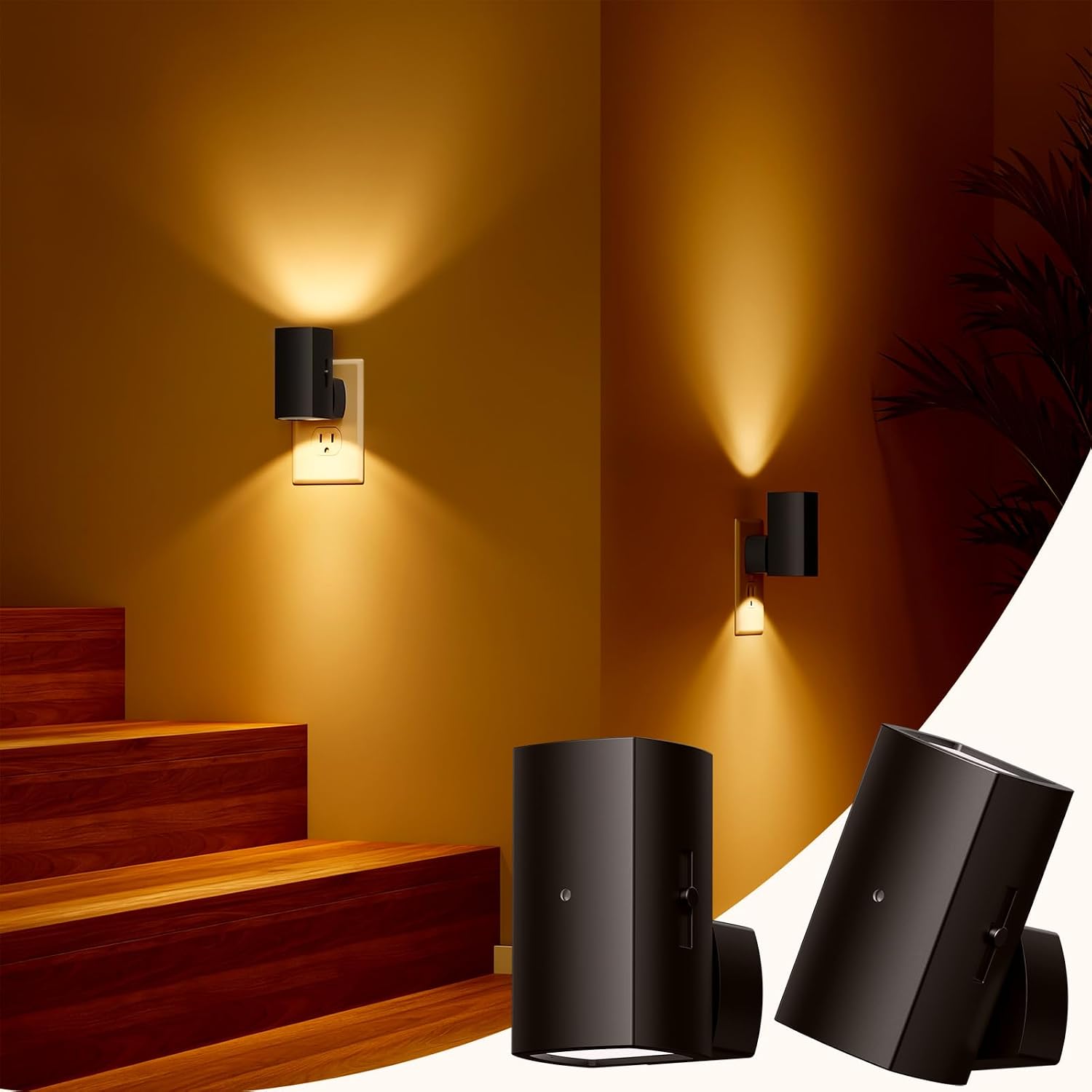 Brightown 2 Pack Black White Night Lights Plug into Wall, Modern Night Light with Rotating Plug, Dusk to Dawn Sensor, 0-100LM Stepless…