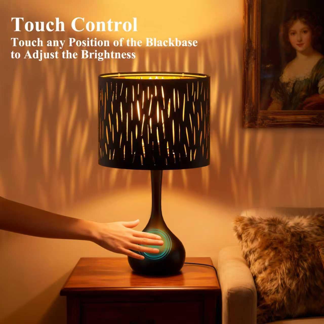 ONEWISH Touch Bedside Lamp for Bedroom, 3-Way Dimmable Table Lamps for Nightstand, Black Cutout Shade with Gold Lining Desk Lamp for…