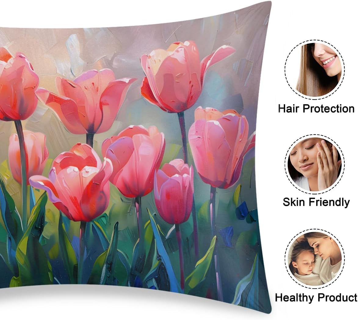 Beautiful Tulip Flower Satin Silk Pillowcase for Hair and Skin Pillow Cases Standard Size Soft Silk Pillow Case with Envelope Closure…