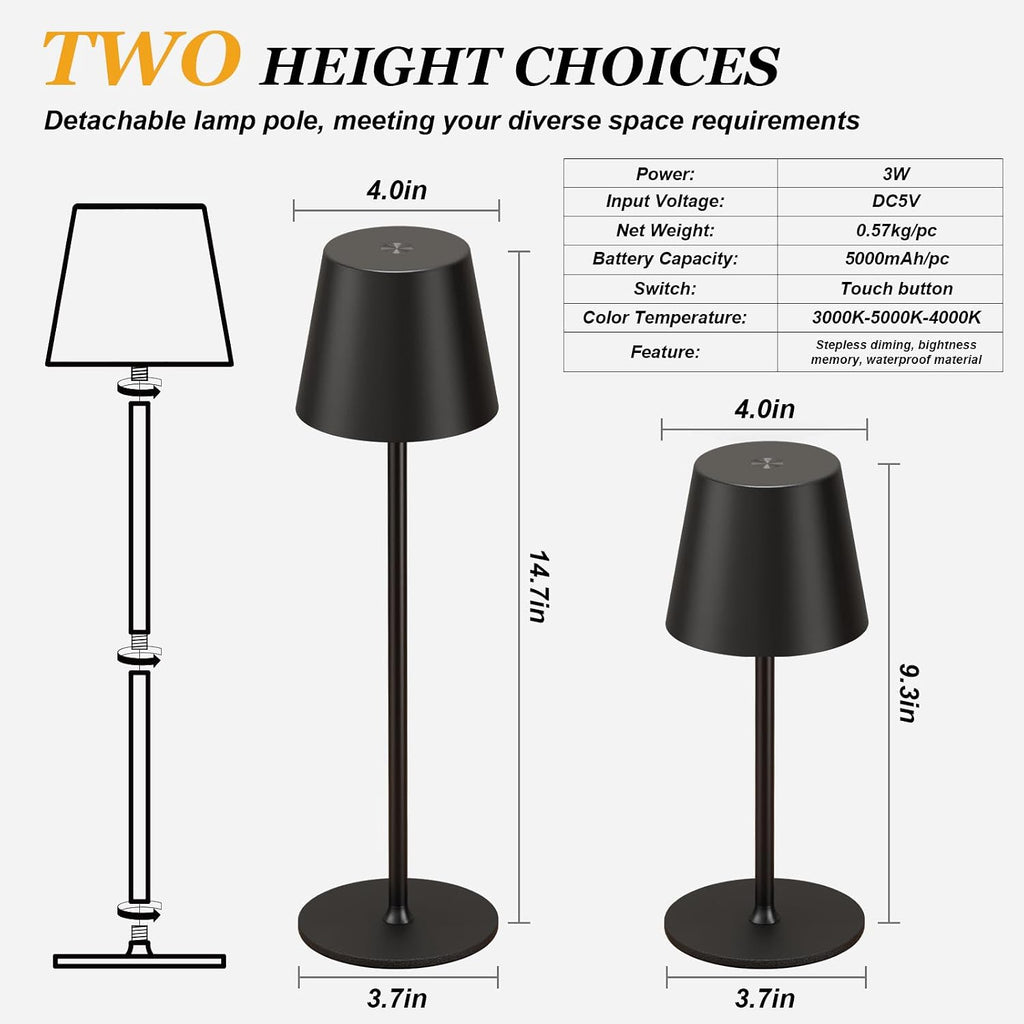 Kakanuo Cordless Table Lamp Rechargeable Black - KK 4 Pack Battery Operated Lamp for Dining Table, 3 Color Stepless Dimming Wireless Lamp…