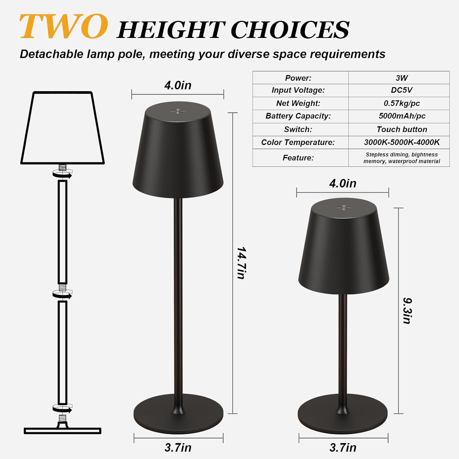 Kakanuo Cordless Table Lamp Rechargeable Black - KK 4 Pack Battery Operated Lamp for Dining Table, 3 Color Stepless Dimming Wireless Lamp…