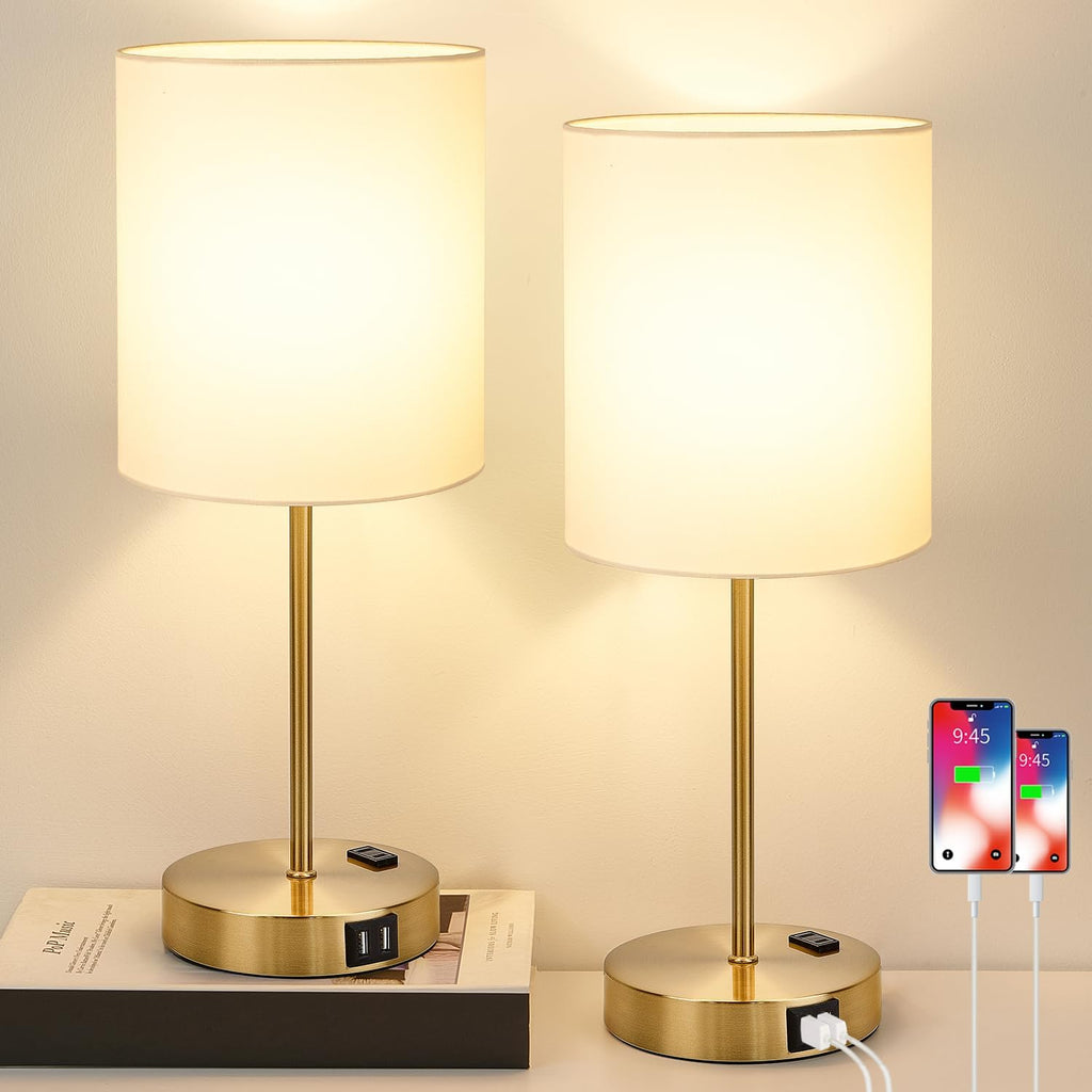 Lynnoland 2 Pack Touch Control Table Bedside Lamps with 2 USB & AC Outlet, 3-Way Dimmable Bedside Nightstand Lamps for Bedroom Living…