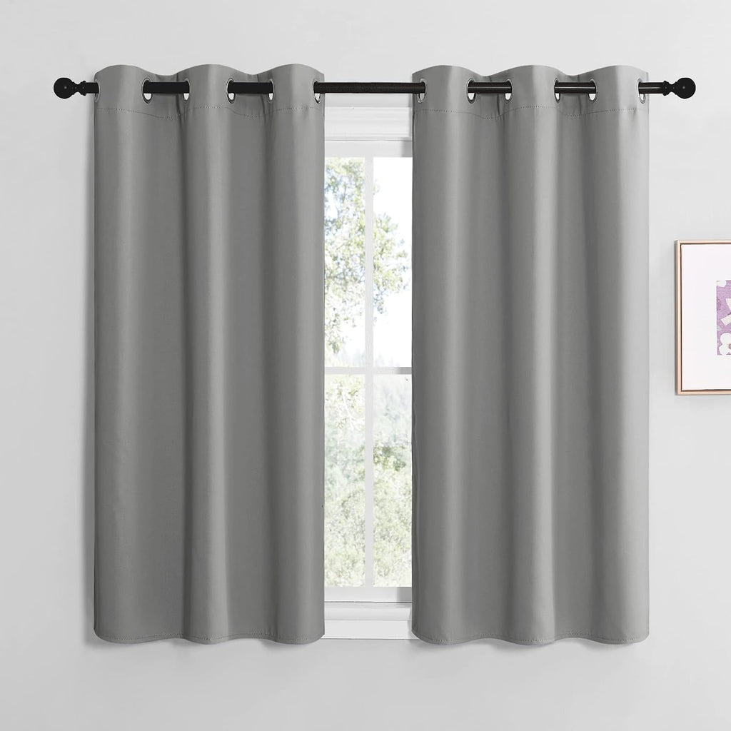 NICETOWN Silver Grey Thermal Insulated Grommet Blackout Curtains, Kids Window Drape Panel for Nursery, Privacy Short Curtains (2 Panels…