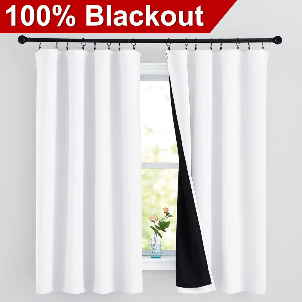 Nicetown White 100% Blackout Curtains, 2 Thick Layers Completely Blackout Rod Pocket Thermal Insulated Drapes for Kitchen/Bedroom (1 Pair,…