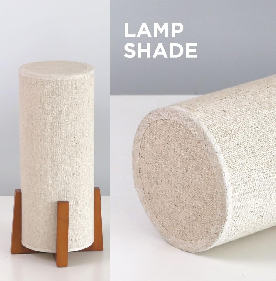 KUNJOULAM Modern Table Lamps, Nightstand Lamp with Linen Fabric Shade Brown Wooden Base, 13.9" Cylinder Bedside Table Lamp for Bedroom…