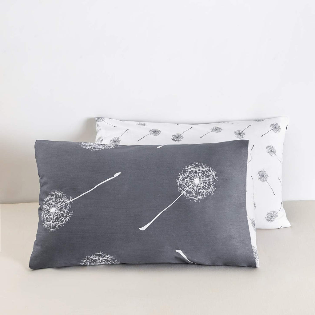 YuHeGuoJi Pillowcases 100% Cotton Queen Size Set of 2 Gray Grey White Dandelion Floral Print Decorative Bed Pillow Covers with Envelope Clo…