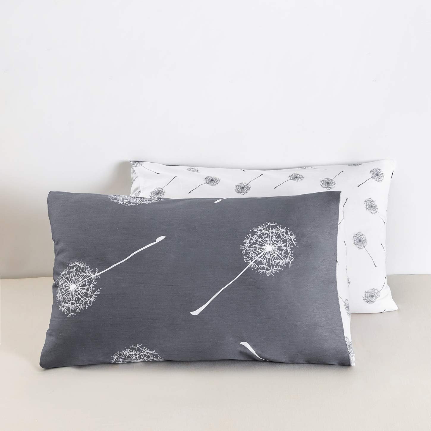 YuHeGuoJi Pillowcases 100% Cotton Queen Size Set of 2 Gray Grey White Dandelion Floral Print Decorative Bed Pillow Covers with Envelope Clo…