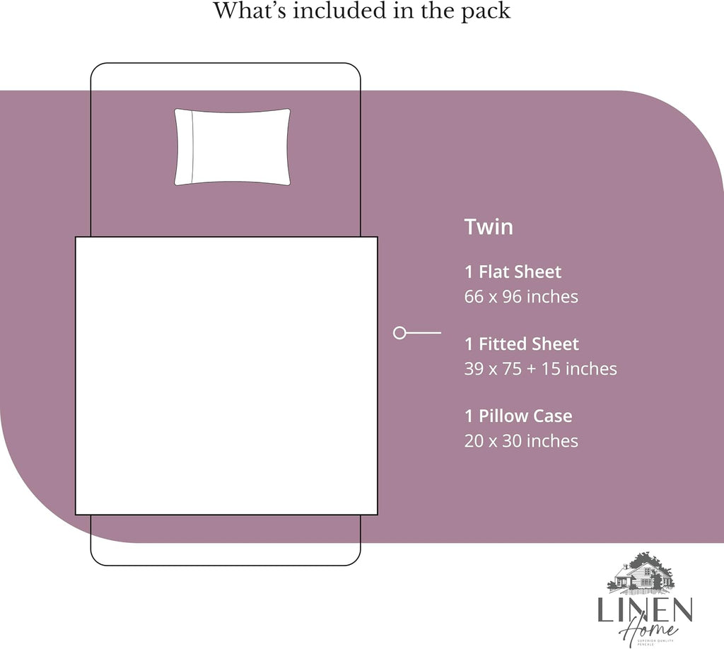 Linen Home 100% Cotton Percale Sheets Twin Size, Damson Berry, Deep Pocket, 3 Pieces Set - 1 Flat, 1 Deep Pocket Fitted Sheet and 1…