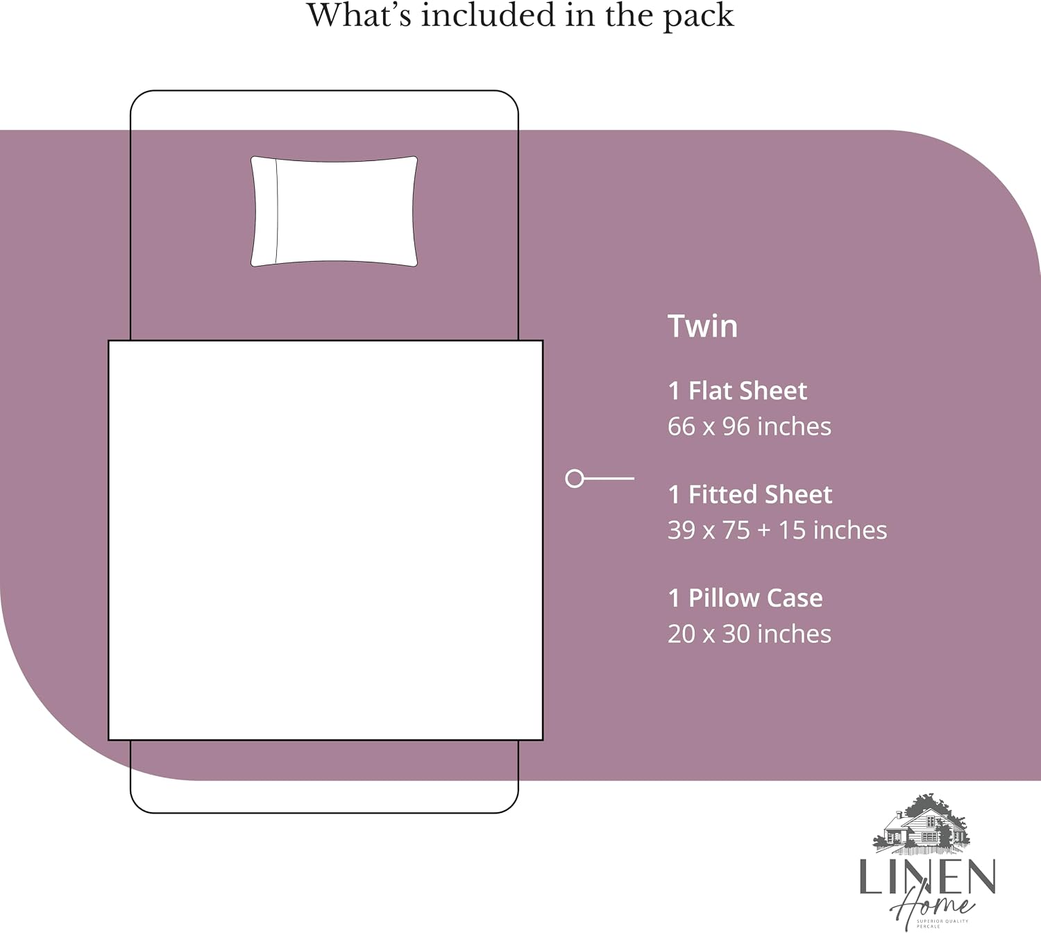 Linen Home 100% Cotton Percale Sheets Twin Size, Damson Berry, Deep Pocket, 3 Pieces Set - 1 Flat, 1 Deep Pocket Fitted Sheet and 1…