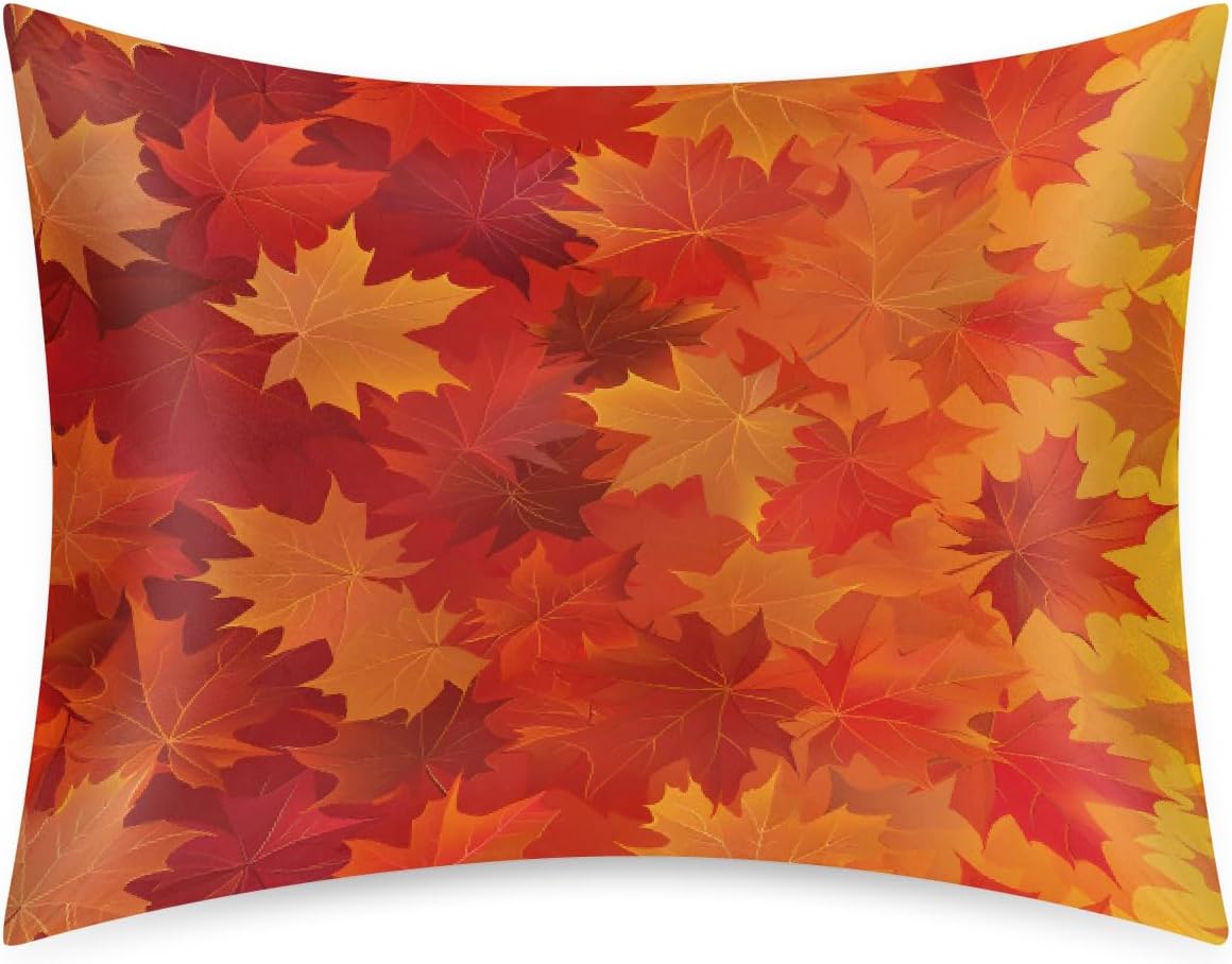 Satin Pillowcase for Hair and Skin Orange Thanksgiving Maple Soft Silk Pillow Case with Envelope Closure Cooling Pillow Cases Slip…