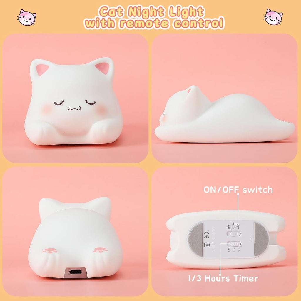 LOVERUIS Cute Night Light for Kids Cat Night-Light Baby Girl Squishy NightLight 1/3 Hour Timer Kitty Light Dimmable Nursery Lamp Colorful…