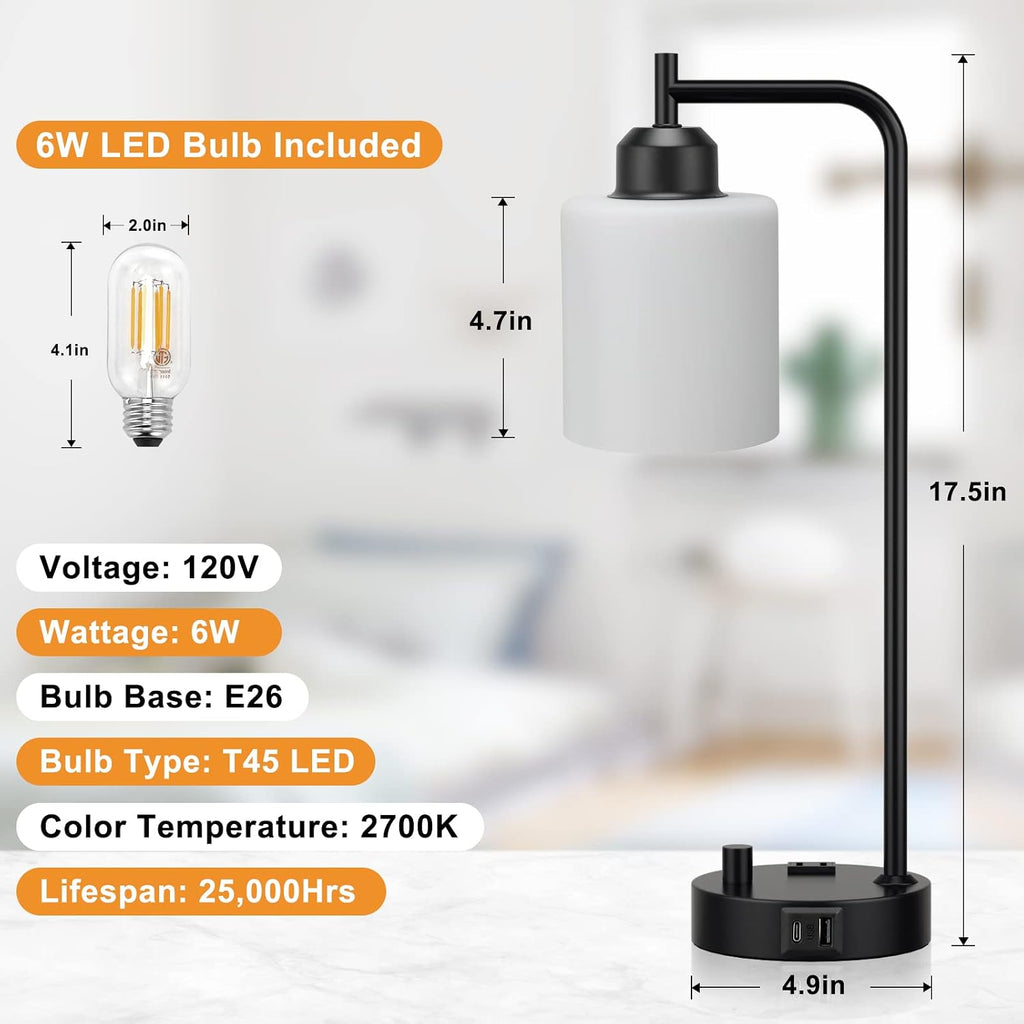 Industrial Bedroom Table Lamps for Bedside - White Opal Glass Shade Desk Lamps with USB C Port, Fully Dimmable Black Lamps with USB Port…