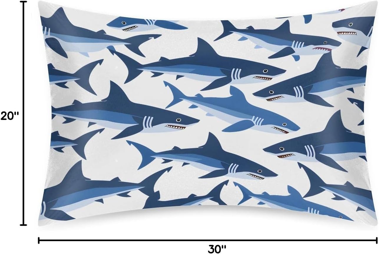 Shark Blue Animal Satin Silk Pillowcase for Hair and Skin Pillow Cases Queen Size Soft Silk Pillow Case with Envelope Closure Print Satin…