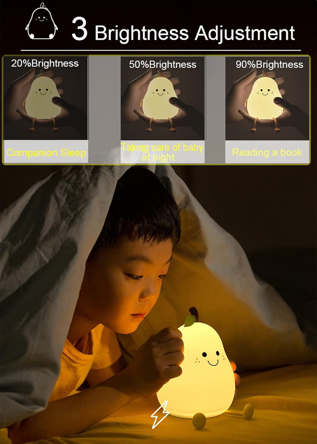 Happybag Cute Silicone Night Light for Kids, Dimmable Nursery Pear Lamps, Kawaii Room Decor Fruit Night Light Bedside Lamp for Baby and Toddl…