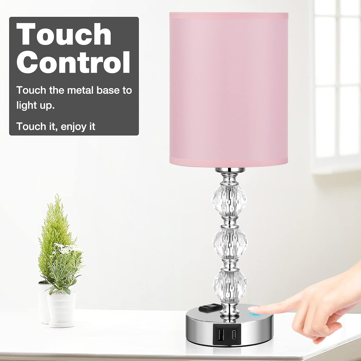 Pink Touch Bedside Lamps for Bedrooms - Crystal Table Lamp with USB C+A Charging Port and AC Outlet Nightstand, 3 Way Dimmable Silver…