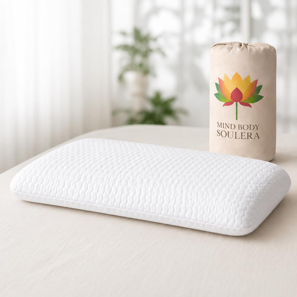 Mind Body Soulera Thin Flat Memory Foam Pillow for Stomach Sleepers, Low Profile Pillow for Back & Side Sleepers, 3-Inch Cooling Gel…