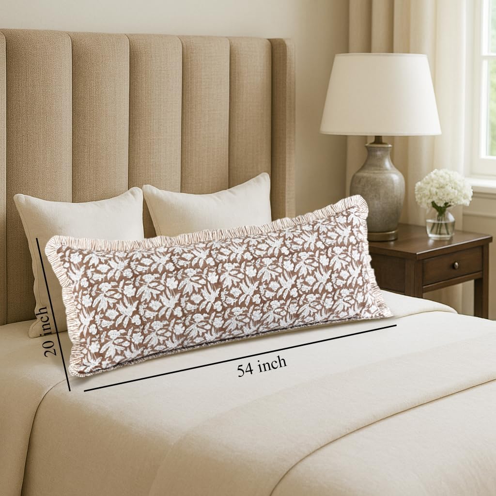 Ridhi Block Print Oak Brown 54"x20" Set 1-100% Cotton Ruffle Lumbar Sham Cover Boho Floral Pillowcase, Farmhouse Cottagecore Bedding…
