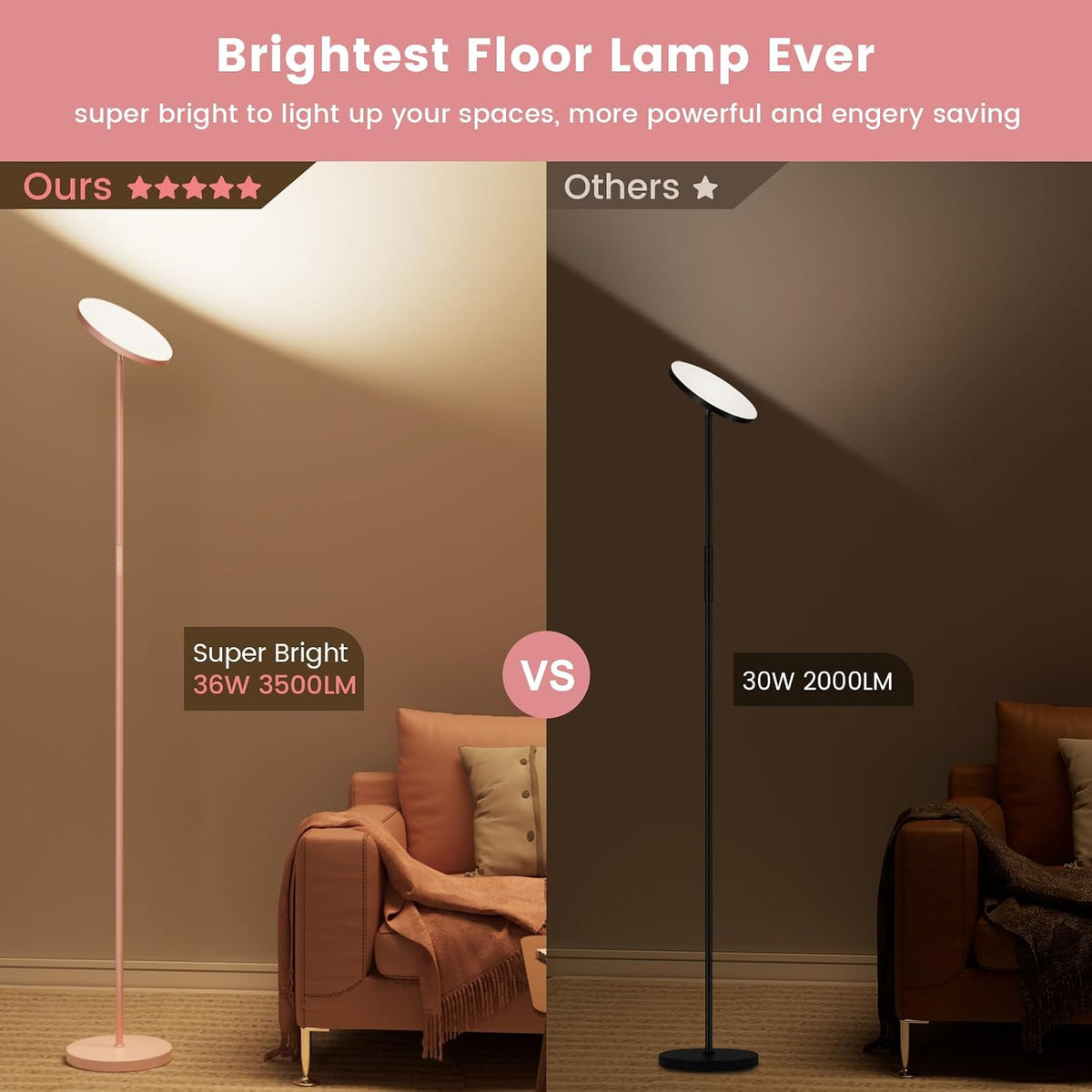 Pink Dimmable Floor Lamp, Bright 36W 3500LM Standing Lamp with Remote Touch Control, 2700K Soft White to 6500K Cool White Adjustable, LED…