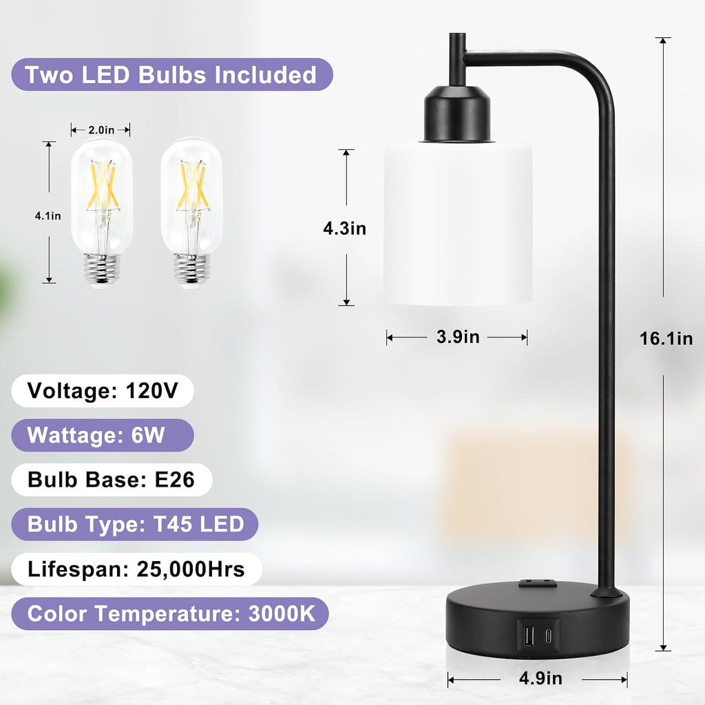 Industrial Touch Bedside Lamps for Bedrooms Set of 2 - 3-Way Dimmable Nightstand Lamps with USB C+A Ports and Outlet, Table Lamps with…