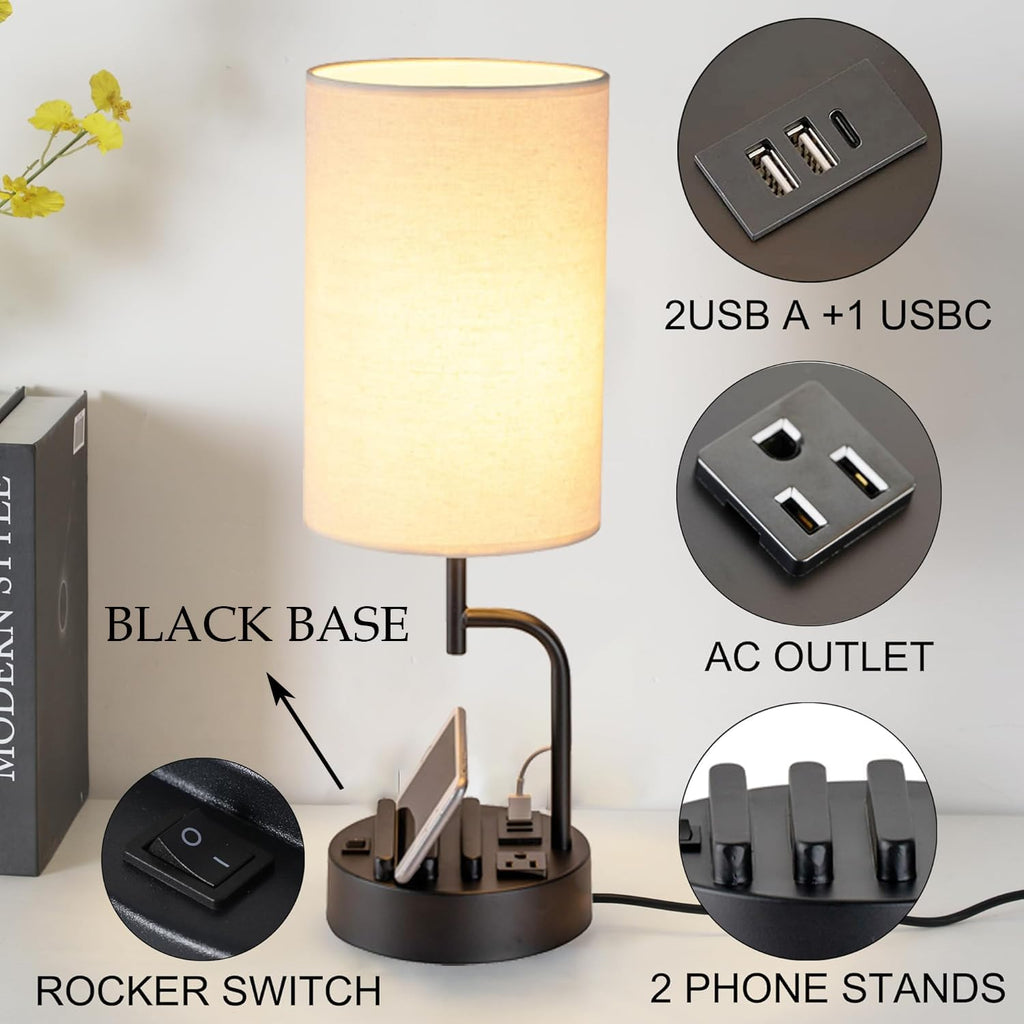 Dreamholder Table Lamp with 3 USB Charging Ports, Modern Desk Lamp with AC Outlet and Phone Stands, Perfect Bedside Lamp for Bedroom…