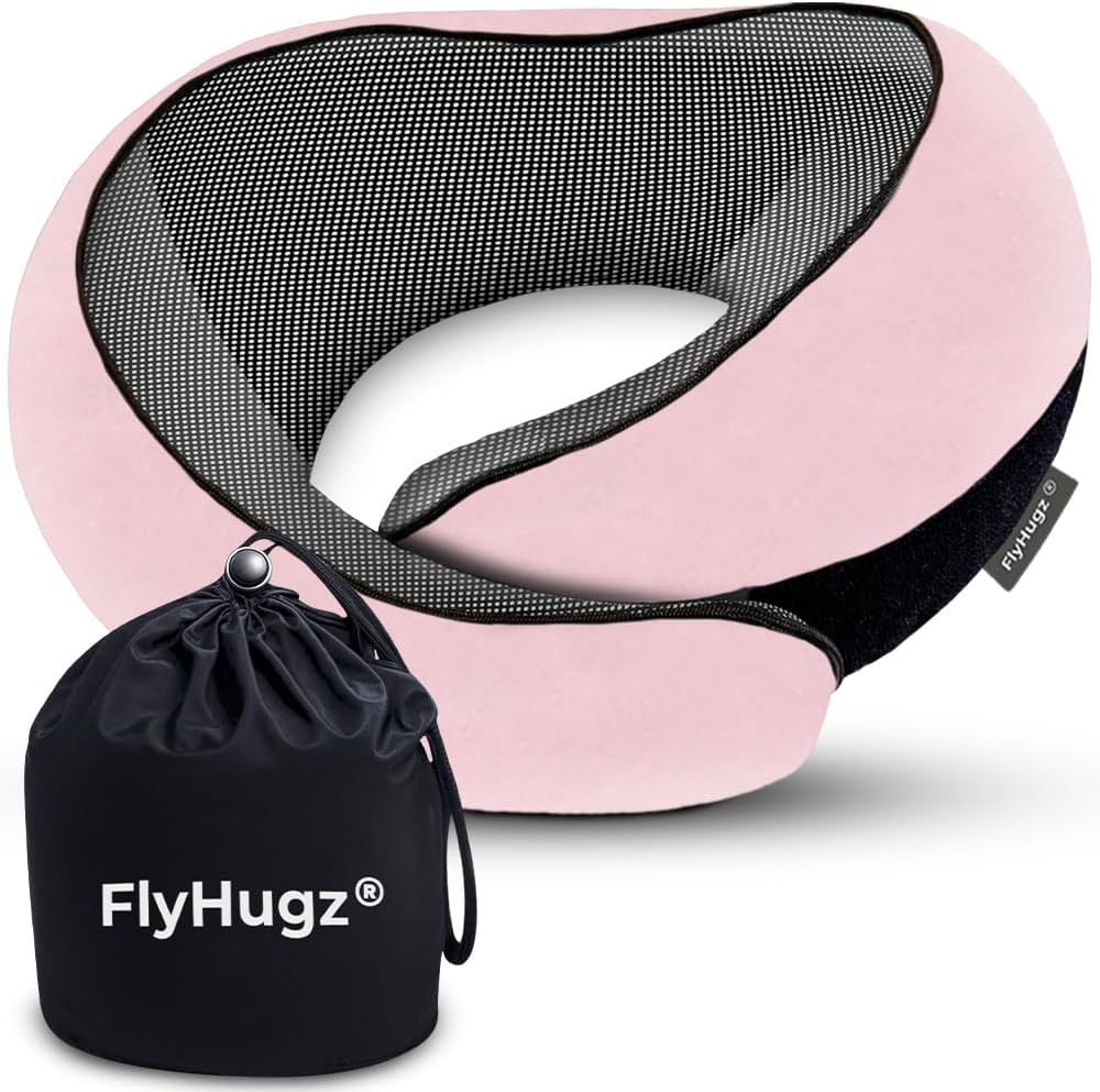 FlyHugz® Neck Travel Pillow Memory Foam Neck Pillow for Comfort on Airplane Compact and Ergonomic Design for Travel, Car Rides, and Home…