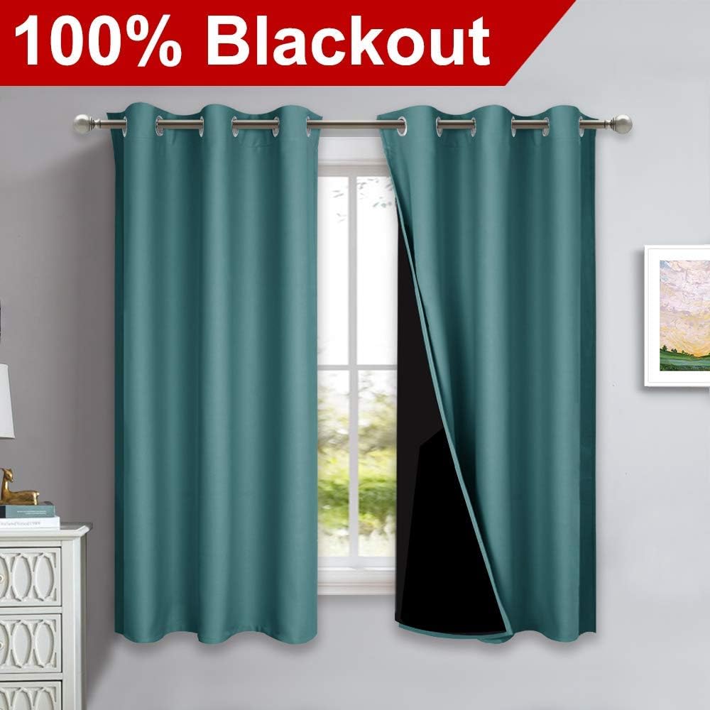 Nicetown 100% Blackout Short Curtains with Black Liners, 2 Panels, 37" W by 63" L, Sea Teal, Solid Thermal Insulated Full Blackout 2-Layer…