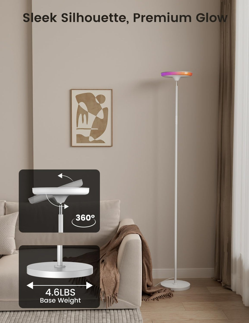 Wowlumenofficial UFO LED Torchiere Floor Lamp with RGB Ambient Light, 42W 3700LM Bright Dimmable Sky Lamp,71in Modern Tall Standing Lamp wi…