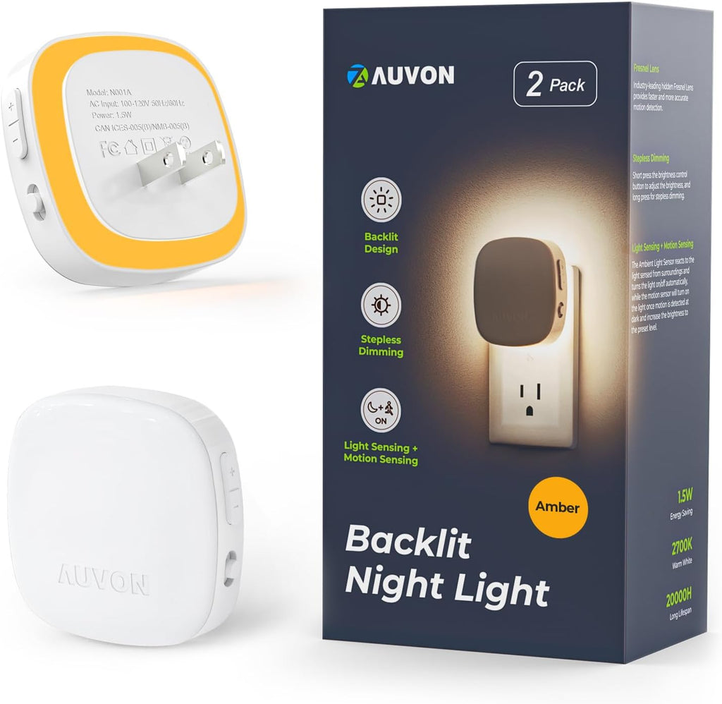 AUVON Plug-in LED Backlit Night Light with Motion Sensor & Dusk to Dawn Sensor, Dimmable Amber Nightlight with 1-50 lm Adjustable…
