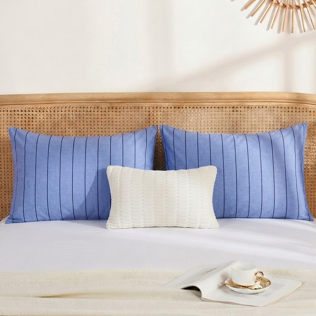 Merryword King Size Pillowcases, 100% Cotton Pillow Cases, Denim Blue Striped Pillowcases, Soft Breathable Pinstripe Pillow Covers, Set of…